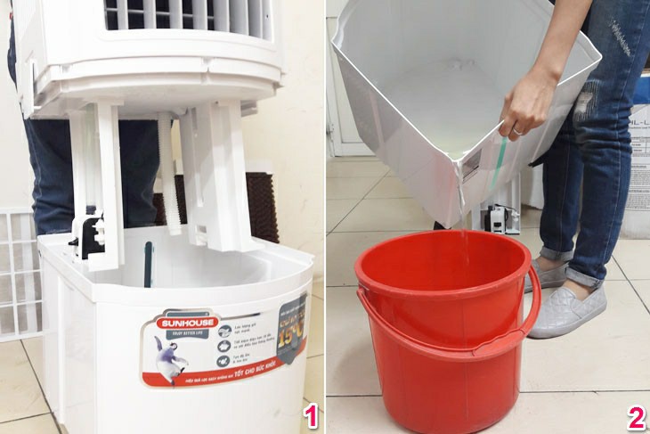 Nhấc quạt điều hòa Sunhouse lên và đổ nước cũ trong bình đi